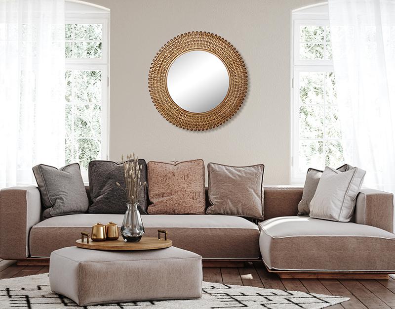 Photo n°3 du produit Miroir rond plumes métal doré patiné 76cm-GR724C76-0