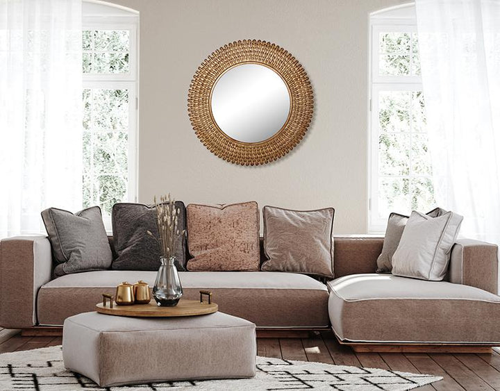 Photo n°3 du produit Miroir rond plumes métal doré patiné 76cm-GR724C76-0