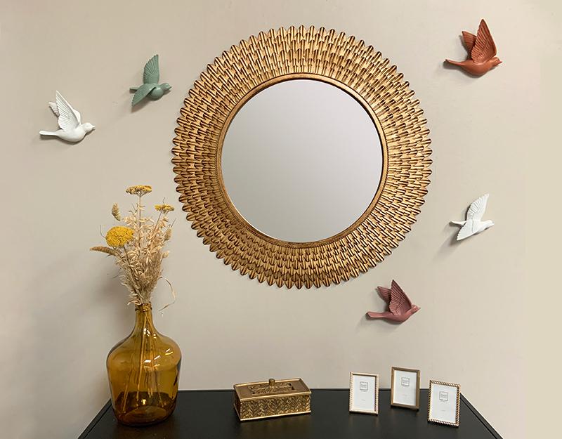 Photo n°4 du produit Miroir rond plumes métal doré patiné 76cm-GR724C76-0