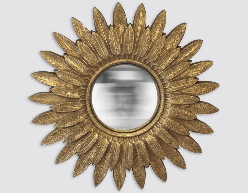 Photo n°1 du produit Miroir soleil convexe doré plume 32x32cm-GR182C32-0