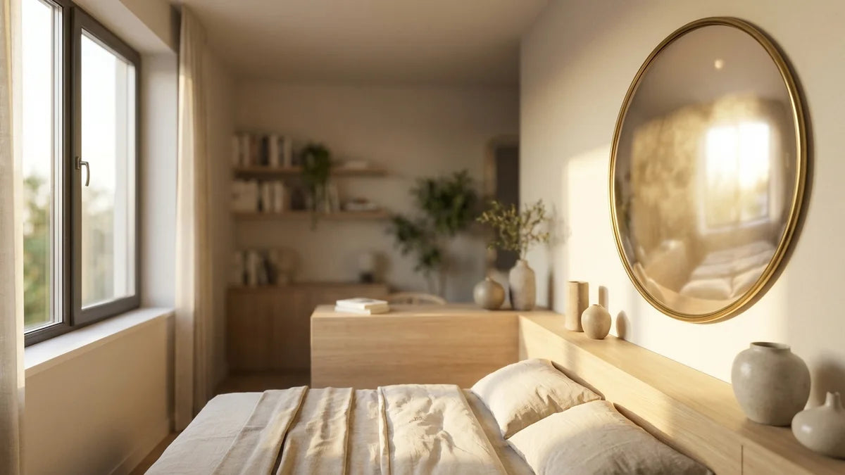Miroir convexe dans petite chambre moderne agrandissant l'espace avec lumière naturelle réfléchie