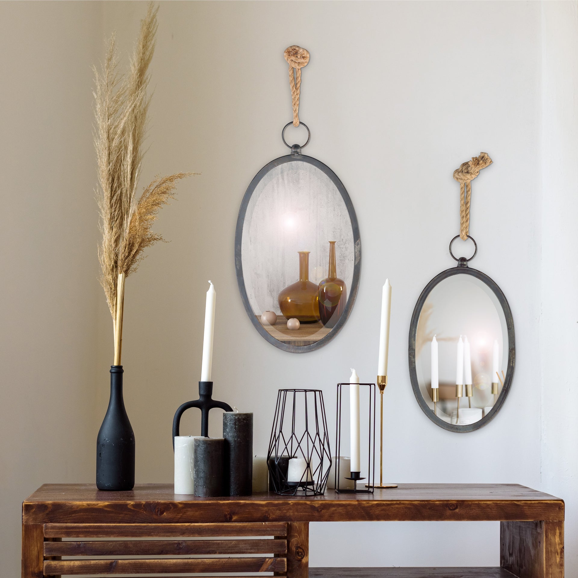 Lot 2 miroirs ovales métal noir corde 41x23/34x19cm