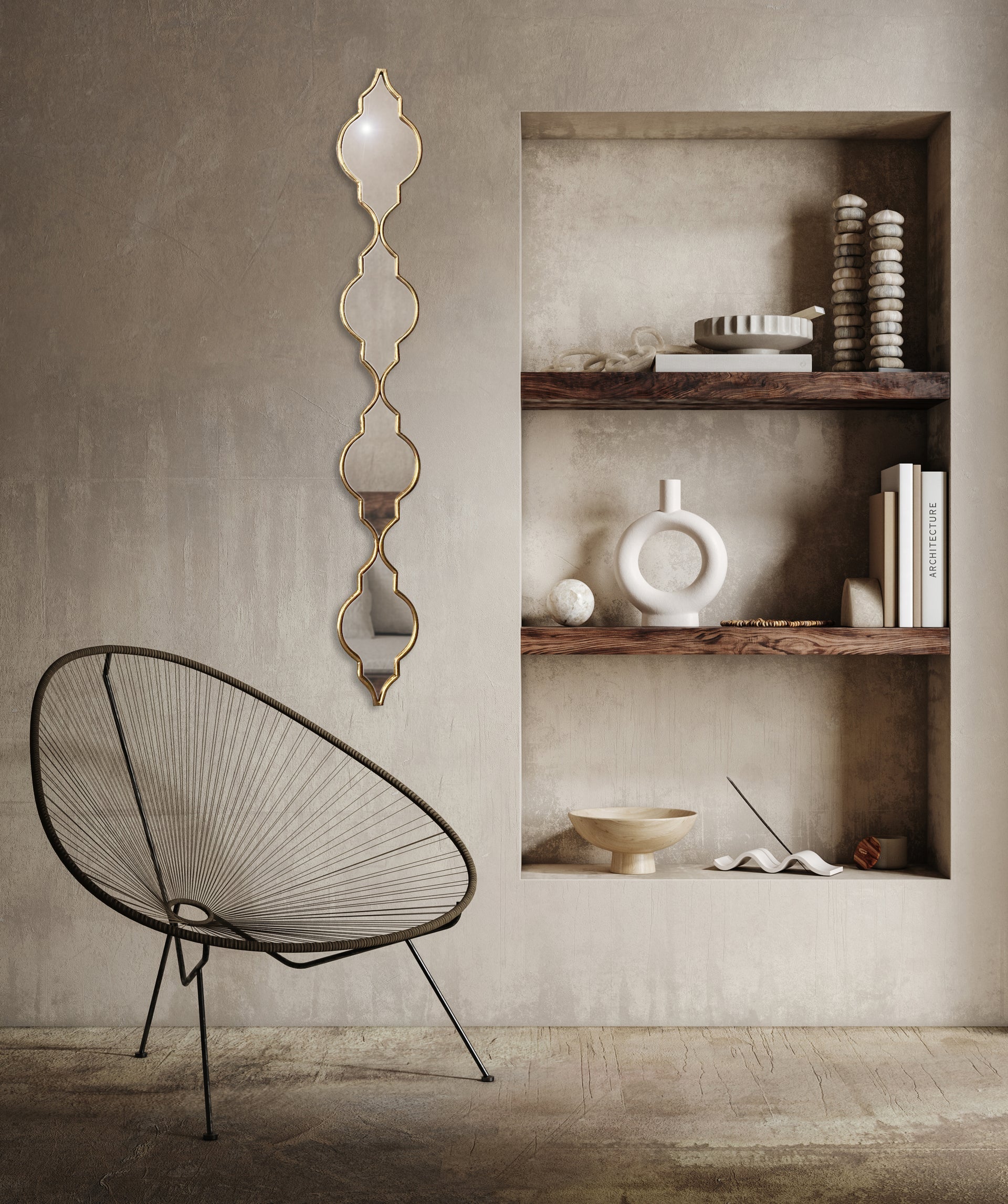 Miroir 4 arabesques en métal doré 17,5x126cm