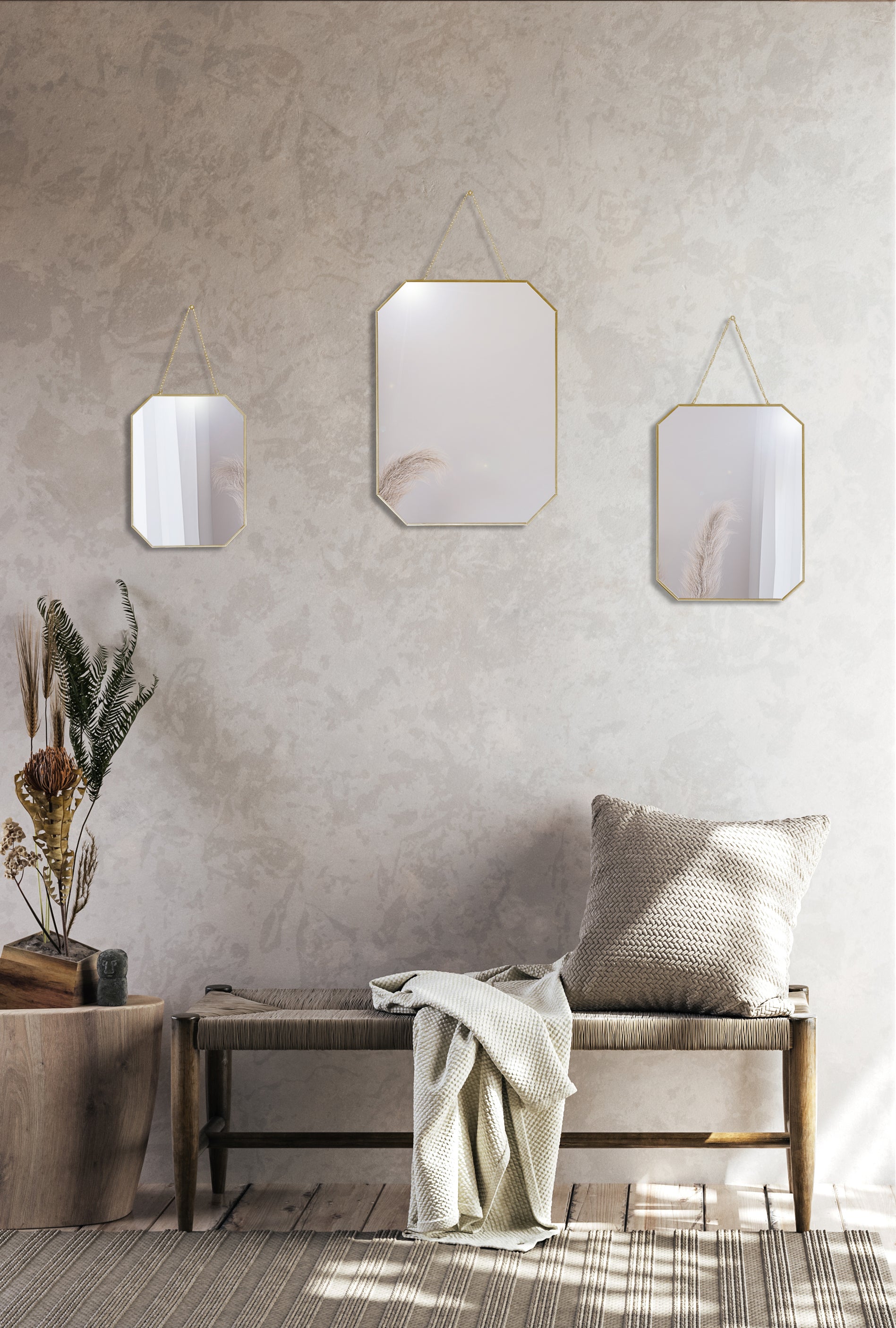 Lot de 3 miroirs avec chaînette en métal doré