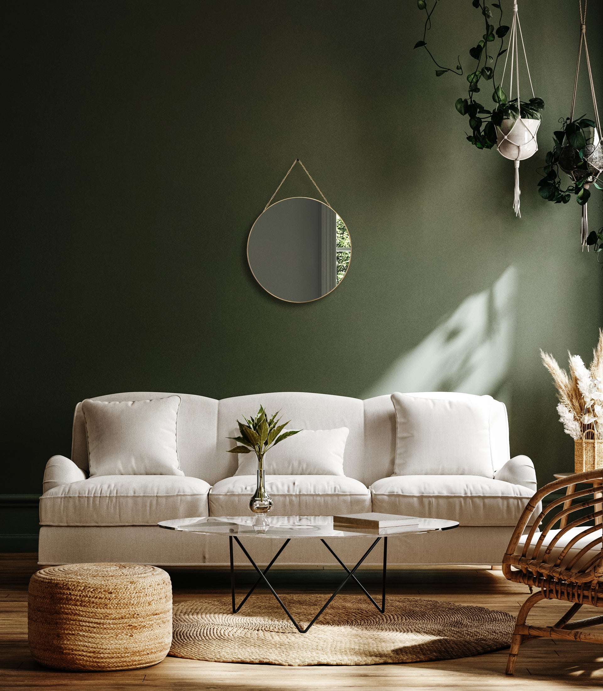 Round gold metal mirror with chain 30cm