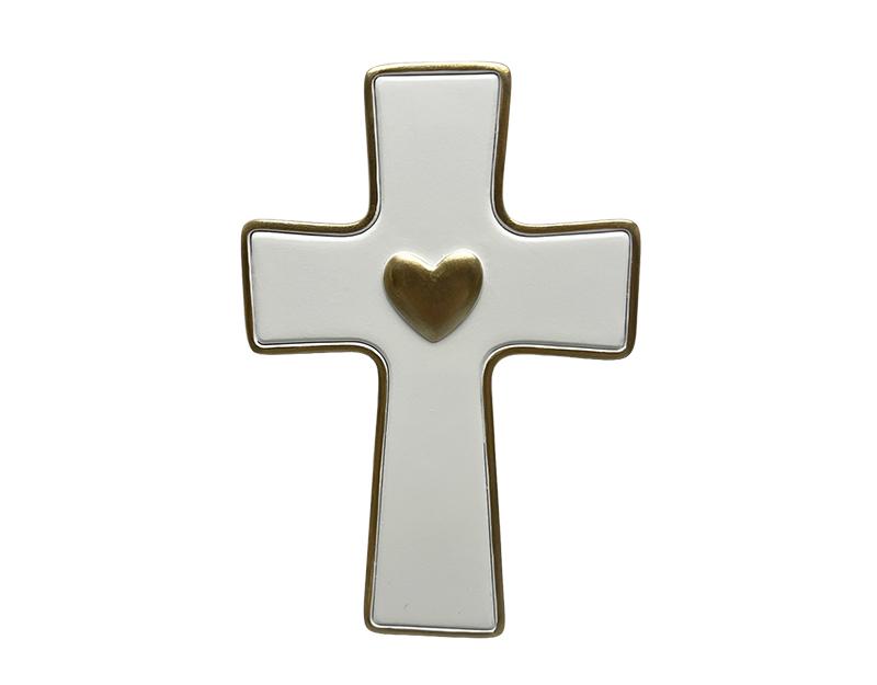 Photo n°1 du produit Déco murale croix blanche coeur doré 10x15cm-411T15-0