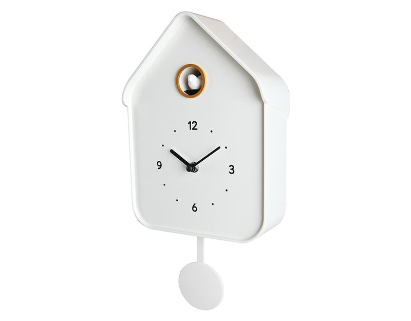 Horloge Coucou Murale à Piles - Design Moderne Blanc - Volume Réglable - Pendule Oscillant - Pour Salon, Cuisine, Bureau