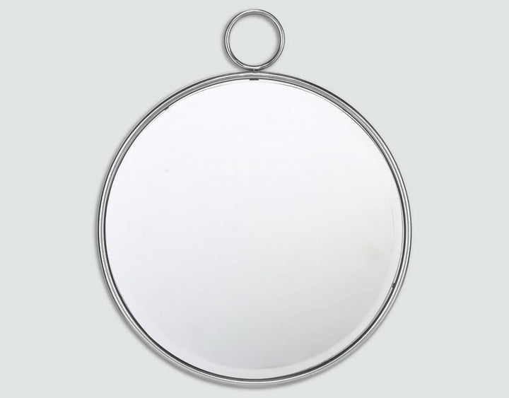 Photo n°1 du produit Miroir rond métal argenté avec anneau 62x74cm-GR187C62-0