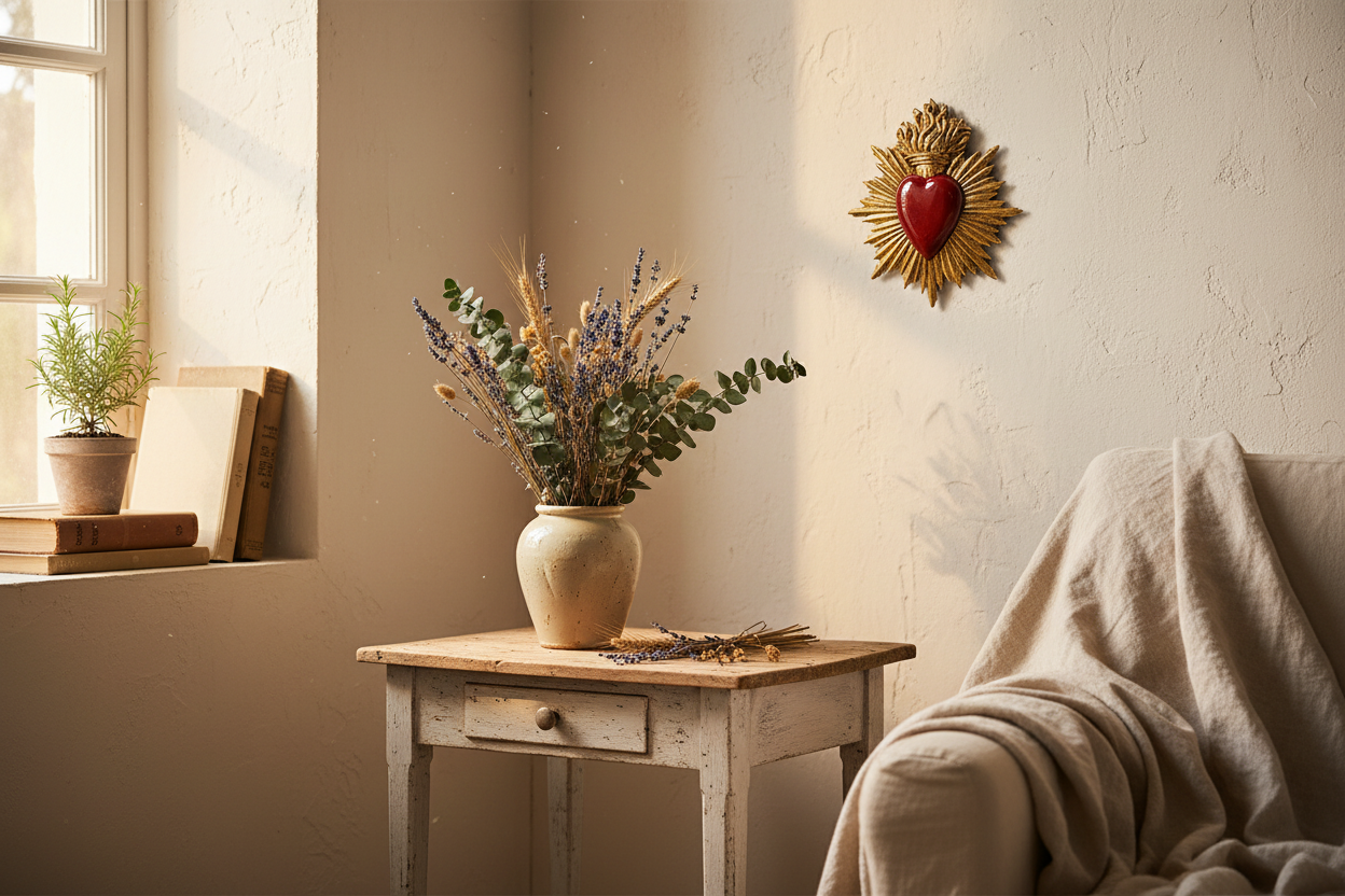 à partir de la première image déjà enregistrée sur la fiche produit actuellement ouverte, peux-tu me générer un visuel d'ambiance pour mettre en valeur cette déco murale. Il faudrait que la déco d'intérieure soit cohérente avec le style de cet ex-voto et que les proportions restent réalistes sachant que l'article mesure 17cm de haut.