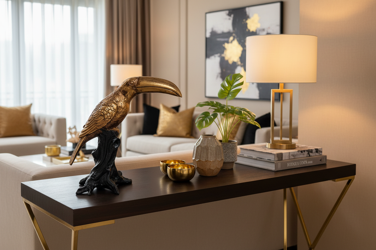 à partir de la première image enregistrée sur cette fiche produit actuellement ouverte, pourrais-tu me générer un visuel d'ambiance pour mettre en avant cette statuette. Il faudrait que la décoration d'intérieure soit cohérente avec l'objet déco et que les proportions soient réalistes, sachant que l'article mesure 31cm de haut.