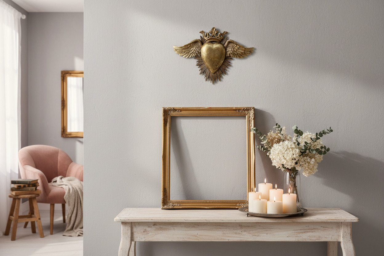 à partir de la première image enregistrée sur cette fiche produit ouverte en arrière plan, génère-moi un visuel d'ambiance pour mettre cet ex voto en valeur. Il faudrait que la déco d'intérieur soit cohérente avec l'objet et que les proportions restent réalistes sachant qu'il mesure 24cm de haut