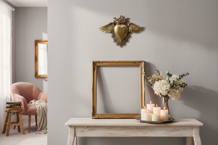 à partir de la première image enregistrée sur cette fiche produit ouverte en arrière plan, génère-moi un visuel d'ambiance pour mettre cet ex voto en valeur. Il faudrait que la déco d'intérieur soit cohérente avec l'objet et que les proportions restent réalistes sachant qu'il mesure 24cm de haut