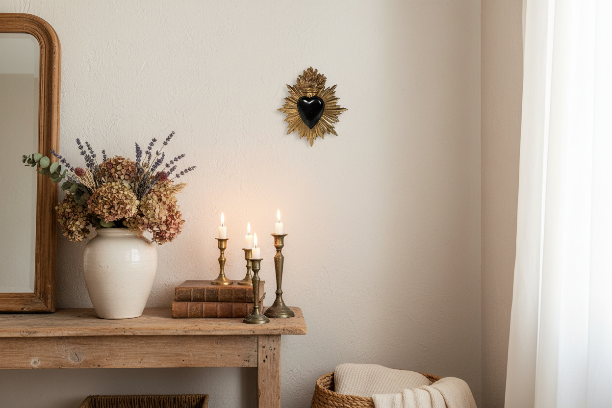 à partir de la première image enregistrée sur cette fiche produit ouverte en arrière plan, génère-moi un visuel d'ambiance pour mettre en valeur cet ex voto. Il faudrait que la déco d'intérieur soit cohérente avec l'article et que les proportions restent réalistes sachant que l'objet mesure 17cm de haut