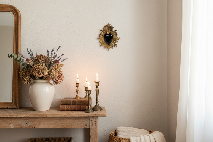 à partir de la première image enregistrée sur cette fiche produit ouverte en arrière plan, génère-moi un visuel d'ambiance pour mettre en valeur cet ex voto. Il faudrait que la déco d'intérieur soit cohérente avec l'article et que les proportions restent réalistes sachant que l'objet mesure 17cm de haut