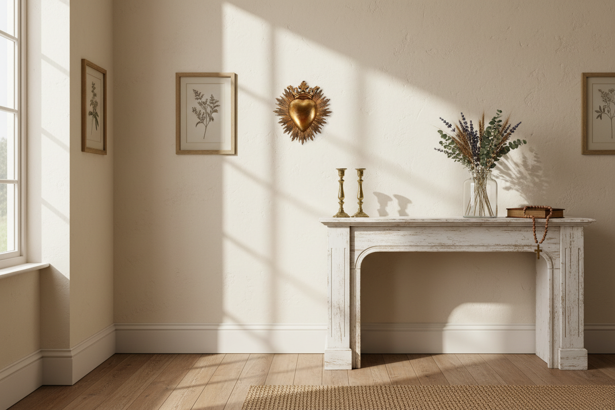 à partir de la première image enregistrée sur cette fiche produit ouverte en arrière plan, génère-moi un visuel d'ambiance pour mettre en valeur cet ex-voto. Il faudrait que la déco d'intérieur soit cohérente avec le produit, et que les proportions restent réalistes sachant qu'il mesure 18cm de haut