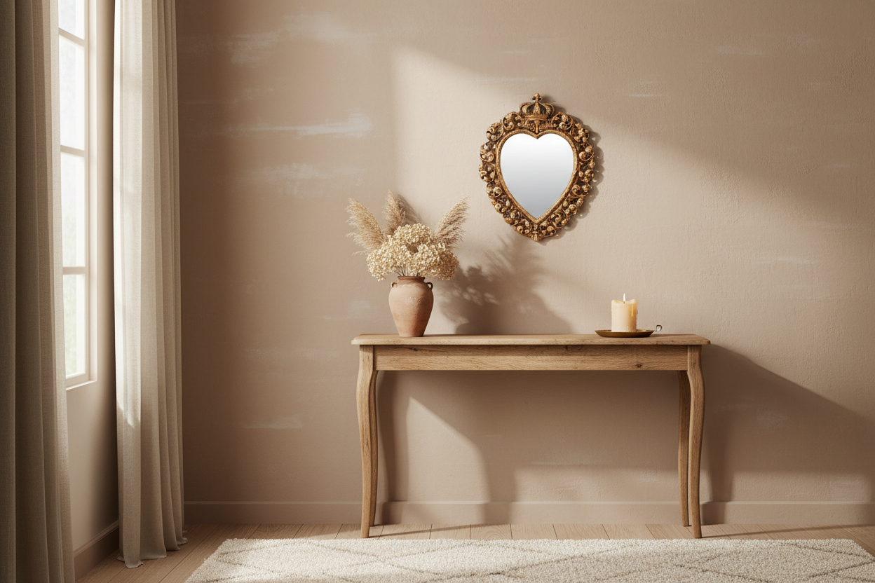 à partir de la première image enregistrée sur cette fiche produit ouverte en arrière plan, génère moi un visuel d'ambiance pour mettre en valeur cet ex voto. Il faudrait que la déco d'intérieur soit cohérente avec l'objet et que les proportions restent réalistes sachant qu'il mesure 30cm de haut