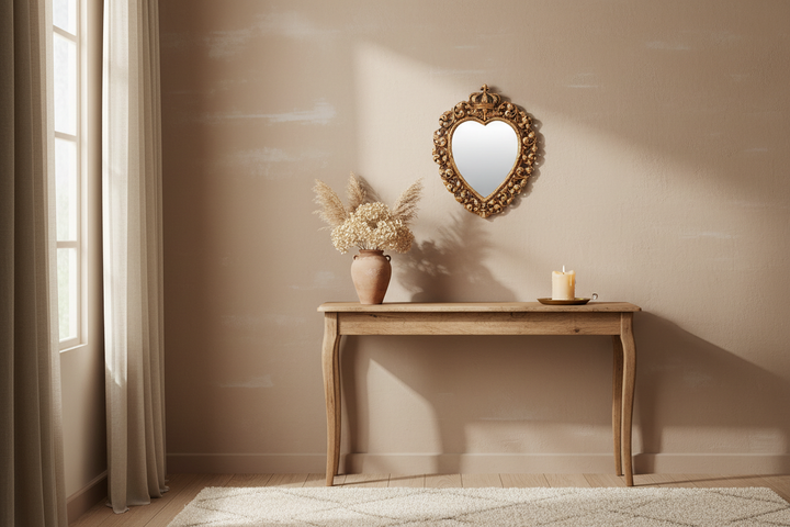 à partir de la première image enregistrée sur cette fiche produit ouverte en arrière plan, génère moi un visuel d'ambiance pour mettre en valeur cet ex voto. Il faudrait que la déco d'intérieur soit cohérente avec l'objet et que les proportions restent réalistes sachant qu'il mesure 30cm de haut