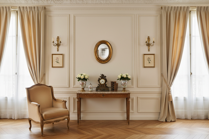 à partir de l'image 1 de cette fiche produit, génère-moi un visuel d'ambiance pour mettre en valeur le miroir, dans un intérieur type salon maison de maitre; en veillant à conserver un certain réalisme dans les proportions. Le miroir mesure 24x19cm