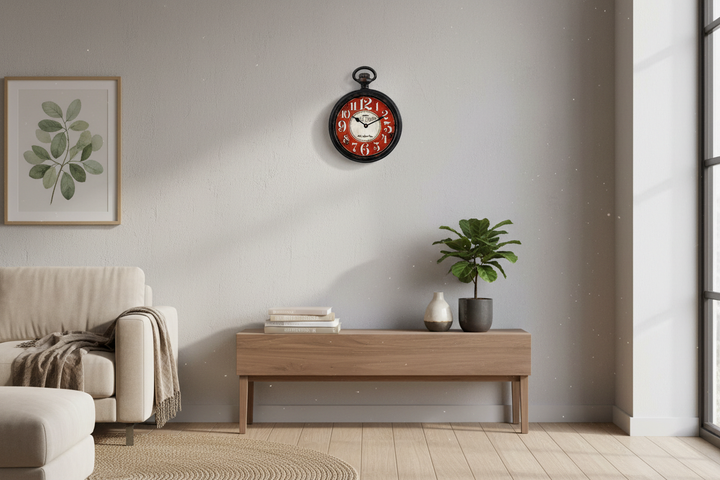 à partir de l'image déjà enregistrée sur cette fiche produit, génère-moi un visuel d'ambiance, en intégrant cette horloge dans un intérieur adapté, pour la mettre en valeur. Veille à respecter des proportions et dimensions réalistes, en sachant que l'horloge mesure 28x22cm