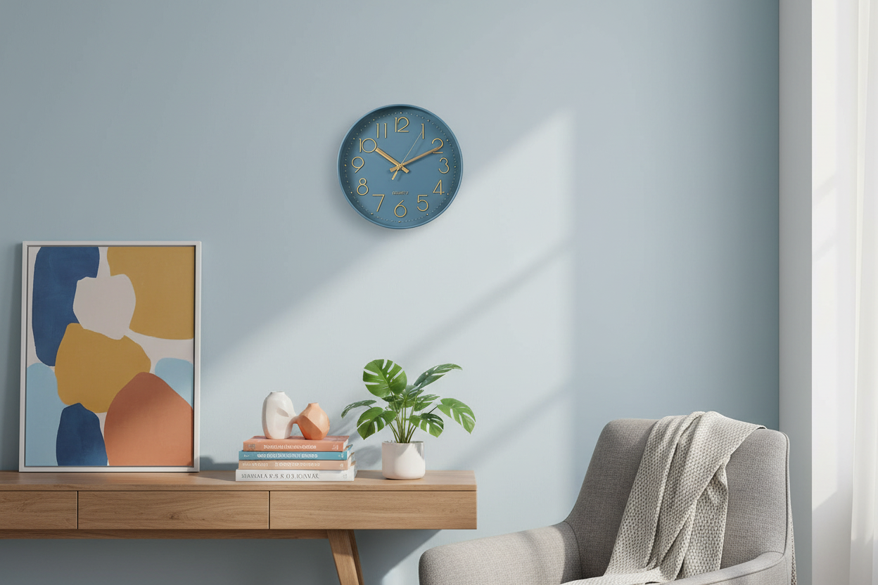à partir de l'image déjà enregistrée sur la fiche produit actuellement ouverte, génère-moi un visuel d'ambiance pour mettre en valeur cette horloge. Il faut que la décoration d'intérieur soit cohérente avec le style de l'article et que les proportions restent réalistes, sachant que l'horloge mesure 30cm de diamètre.