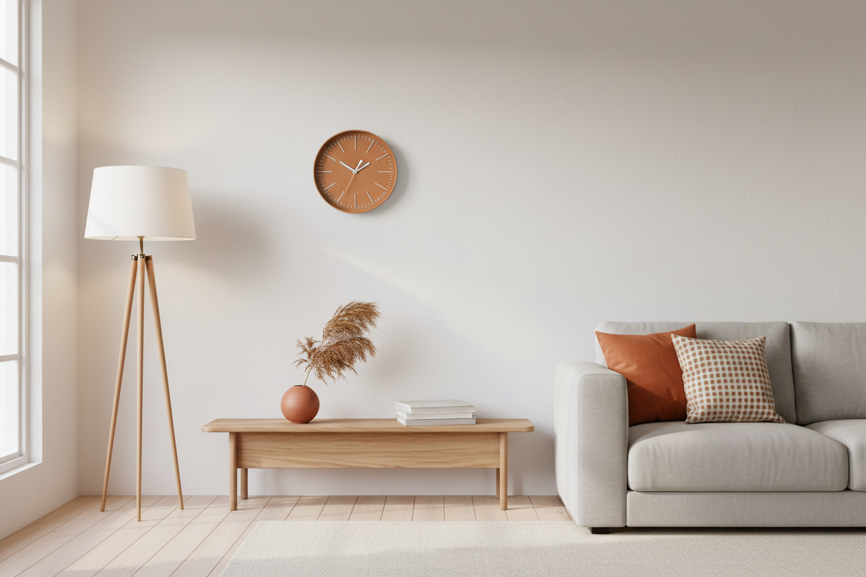 à partir de l'image déjà enregistrée sur la fiche produit ouverte actuellement, génère-moi un visuel d'ambiance pour mettre en valeur ce produit. Il faut que la décoration d'intérieure soit cohérente avec le style de l'horloge et que les proportions restent réalistes, sachant que l'horloge mesure 30cm de diamètre