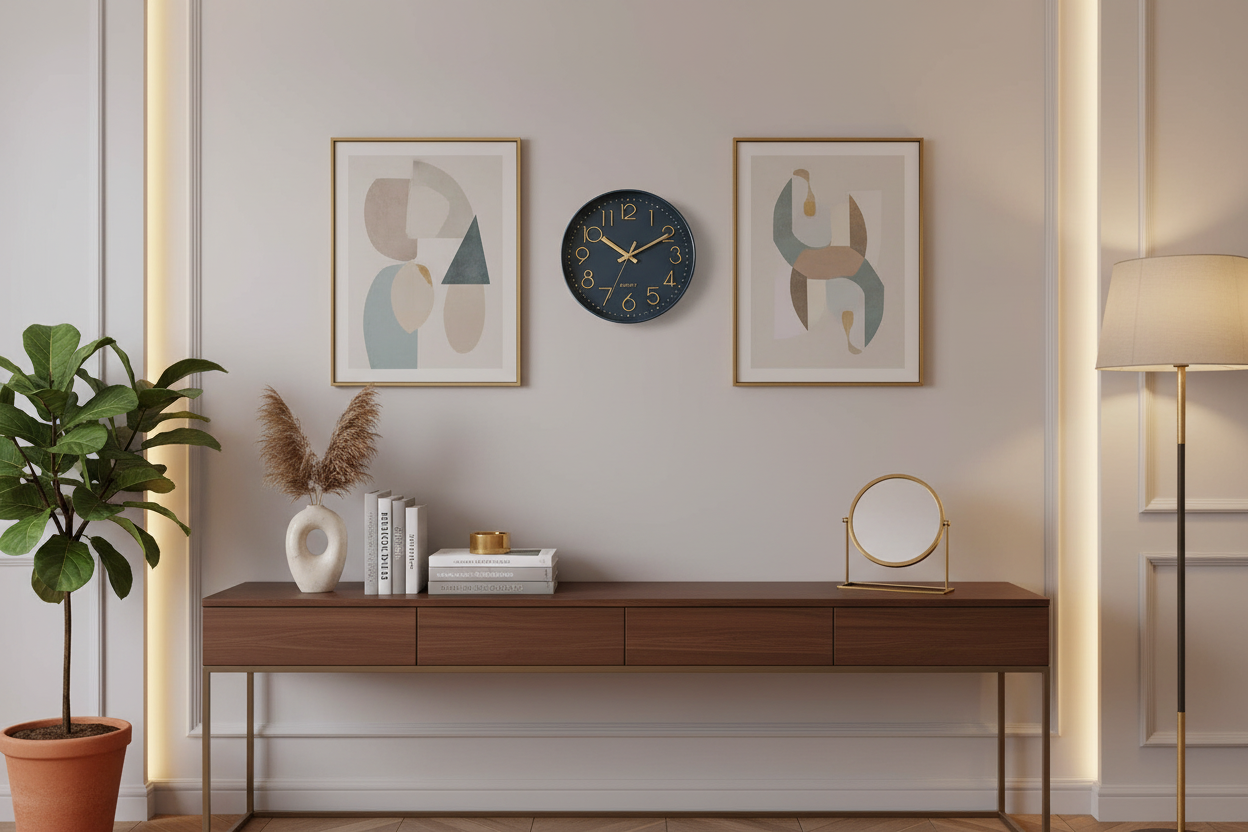 à partir de l'image déjà enregistrée sur la fiche produit ouverte actuellement, génère-moi un visuel d'ambiance pour mettre en valeur l'horloge. Il faut que la décoration d'intérieure soit cohérente avec l'article et que les proportions restent réalistes, sachant que l'horloge mesure 30cm de diamètre