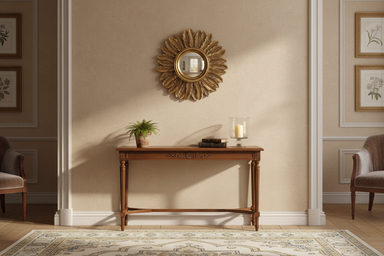 à partir de l'image enregistrée sur cette fiche produit, génère-moi un visuel d'ambiance dans un intérieur adapté pour mettre en valeur ce miroir. Veille à conserver des dimensions et proportions réalistes, en sachant que ce miroir fait 22cm de diamètre.