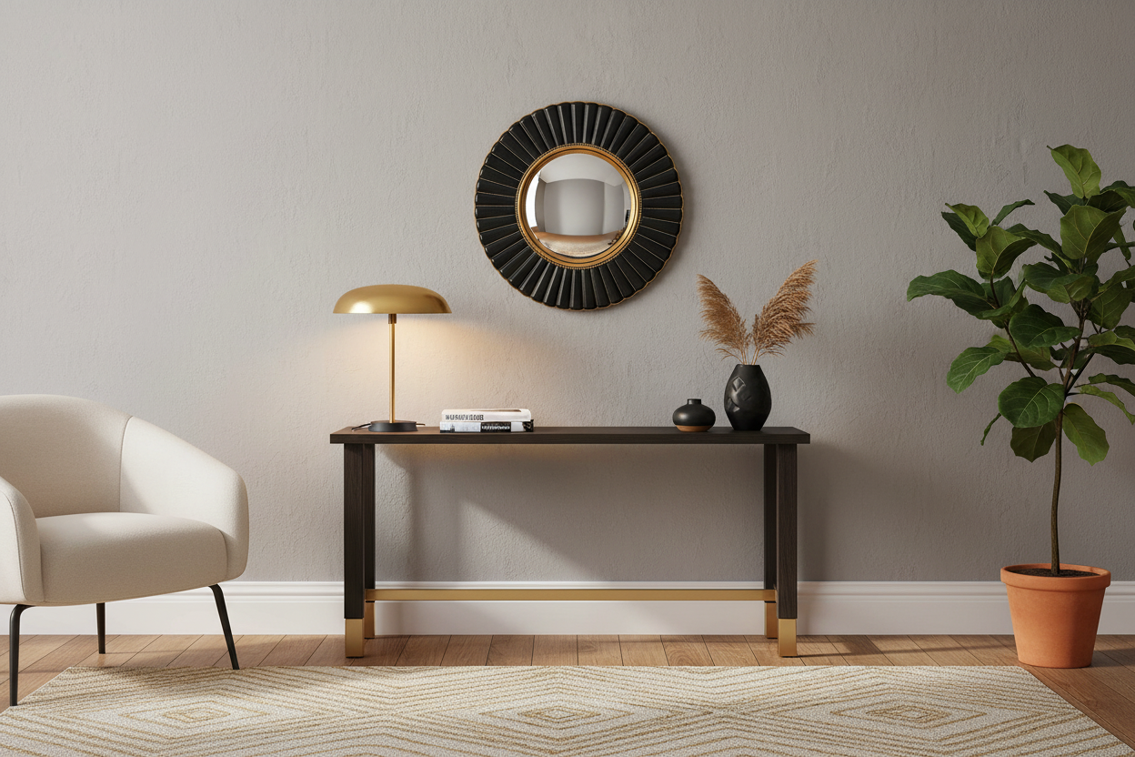 à partir de l'image enregistrée sur cette fiche produit, génère-moi un visuel d'ambiance en intégrant ce miroir dans un intérieur adapté pour le mettre en valeur, tout en conservant des proportions et dimensions réalistes. Ce miroir mesure 26cm de diamètre. 