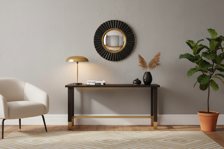 à partir de l'image enregistrée sur cette fiche produit, génère-moi un visuel d'ambiance en intégrant ce miroir dans un intérieur adapté pour le mettre en valeur, tout en conservant des proportions et dimensions réalistes. Ce miroir mesure 26cm de diamètre. 